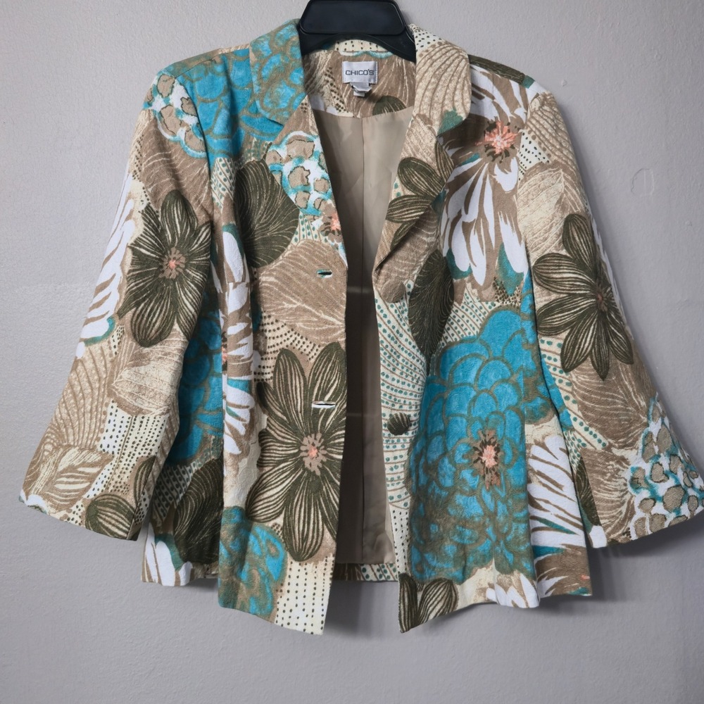 Chicos Floral Blazer Jacket Turquoise Olive Tan Cotton Lined Size 1 Medium